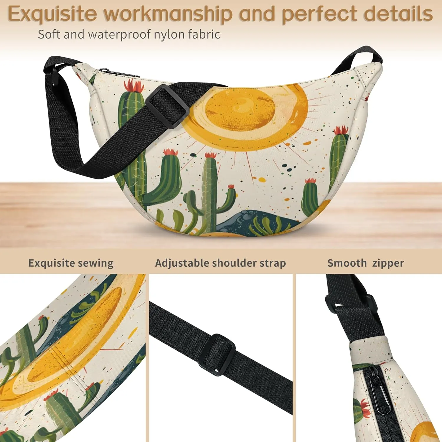 Crescent Bag for Women Men, Lightweight Medium Folding Crescent Moon Bag, Single Shoulder Bags with 2 Small Pockets