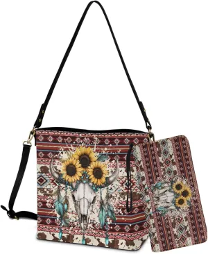 Crossbody Bag with Wallet Set, Leather Bucket Tote Bag with Leather Wristlet Wallet for Women Lady