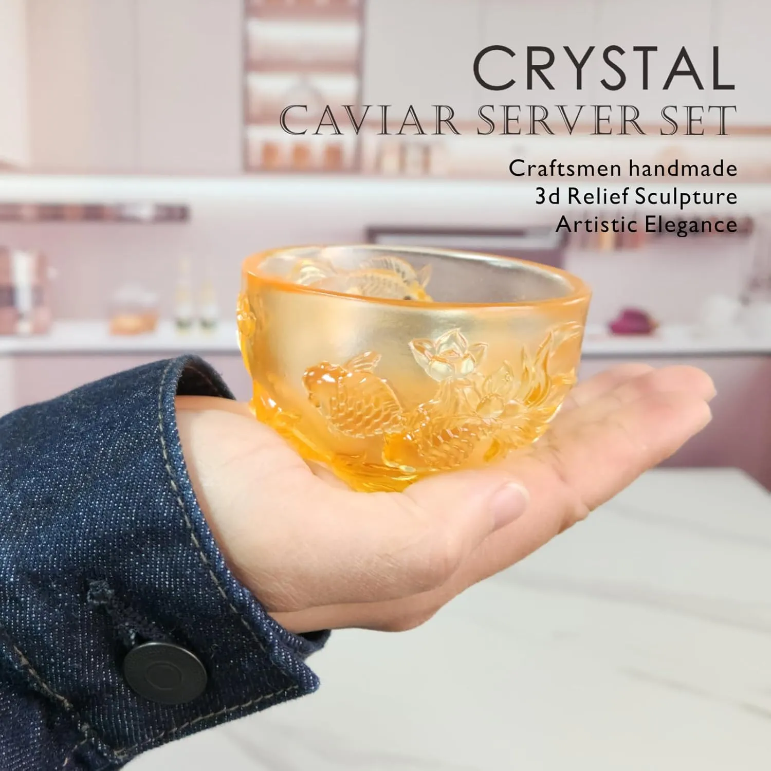 Crystal Caviar Serving Set with 2 Mother of Pearl Spoons Handcrafted Glass Caviar Dish with Fish Relief Design,Vibrant Colors Showcasing,5oz Capacity,Dishwasher Safe,Light Yellow