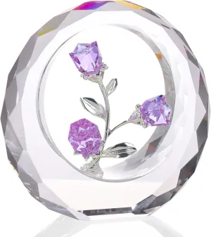 Crystal Purple Rose Bouquet Figurines Glass Flowers with Stems Valentines Anniversary Rose Gifts for Girlfriend Wife, Purple Crystal Rose in Glass Ring Collectible Figurines Forever Roses Decor