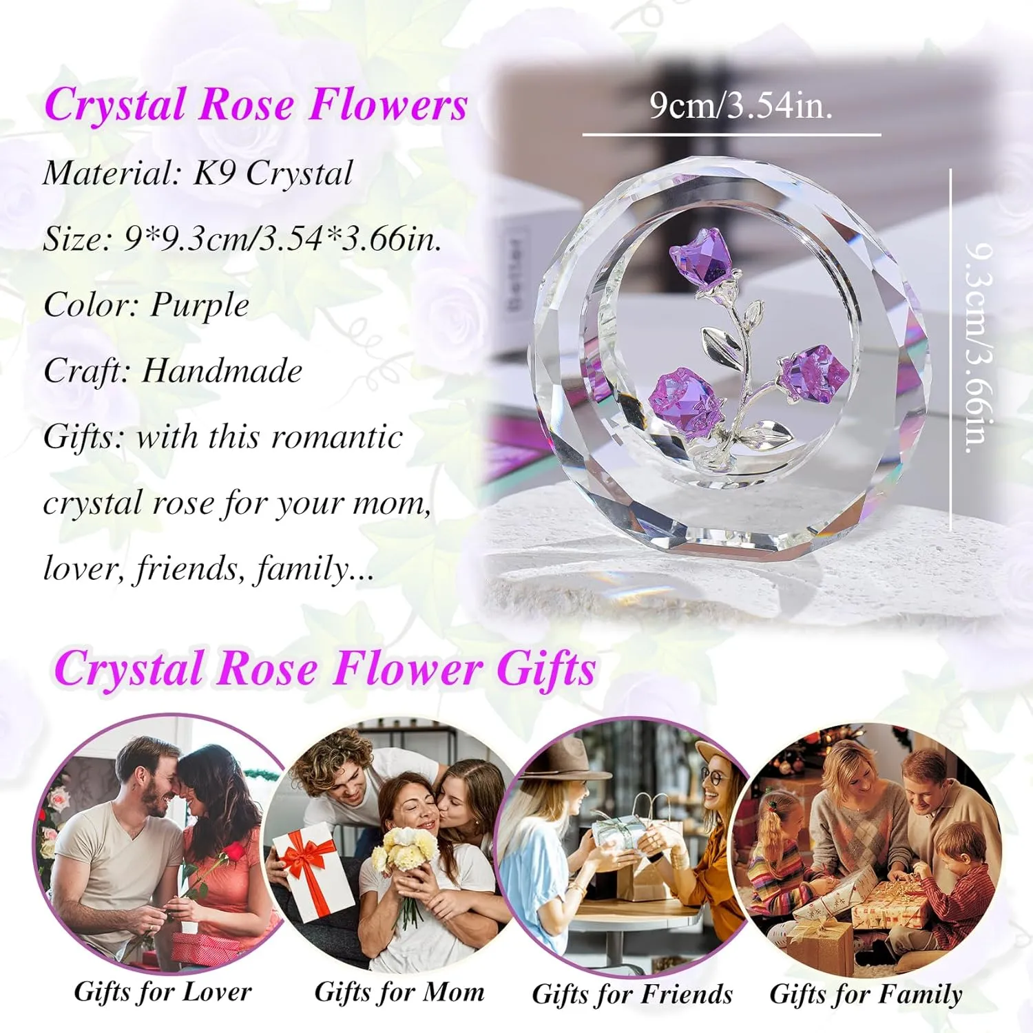 Crystal Purple Rose Bouquet Figurines Glass Flowers with Stems Valentines Anniversary Rose Gifts for Girlfriend Wife, Purple Crystal Rose in Glass Ring Collectible Figurines Forever Roses Decor