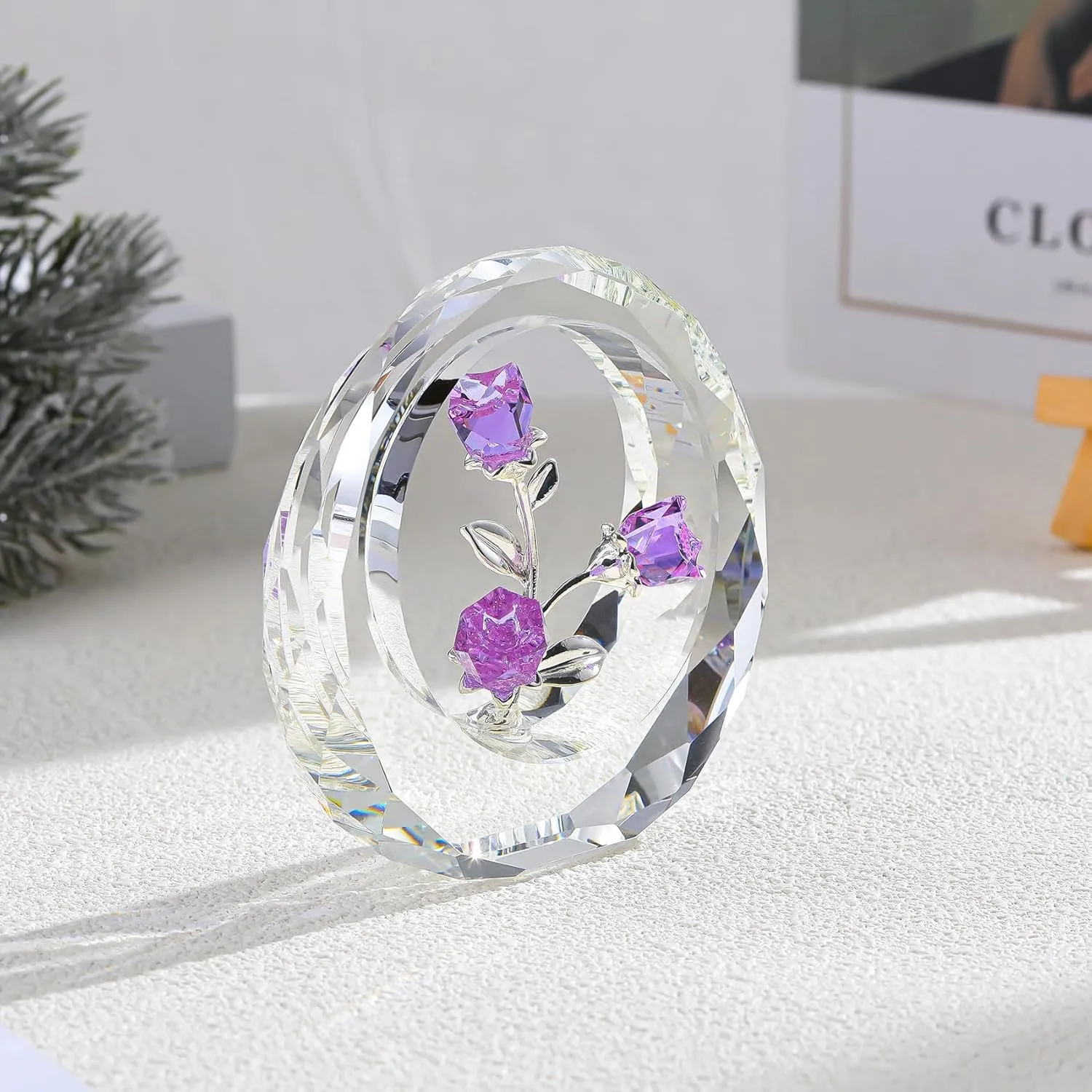 Crystal Purple Rose Bouquet Figurines Glass Flowers with Stems Valentines Anniversary Rose Gifts for Girlfriend Wife, Purple Crystal Rose in Glass Ring Collectible Figurines Forever Roses Decor