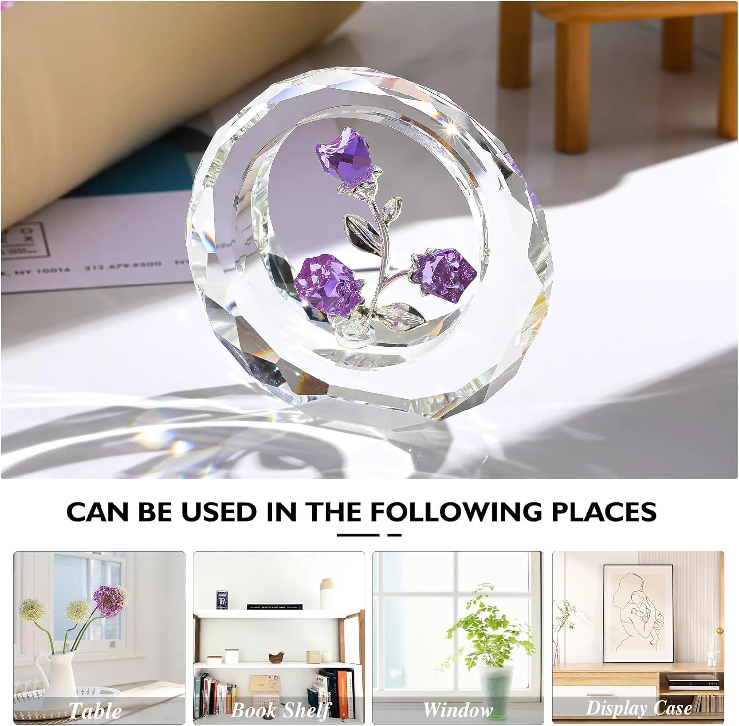 Crystal Purple Rose Bouquet Figurines Glass Flowers with Stems Valentines Anniversary Rose Gifts for Girlfriend Wife, Purple Crystal Rose in Glass Ring Collectible Figurines Forever Roses Decor