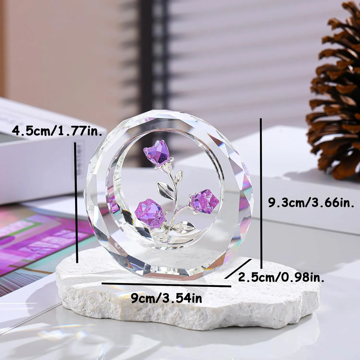 Crystal Purple Rose Bouquet Figurines Glass Flowers with Stems Valentines Anniversary Rose Gifts for Girlfriend Wife, Purple Crystal Rose in Glass Ring Collectible Figurines Forever Roses Decor