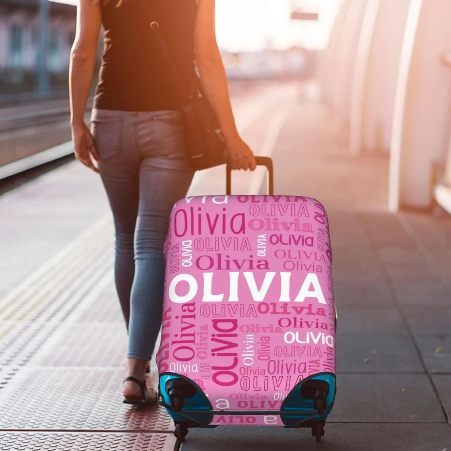 Custom Name Suitcase Cover 4 Sizes, Personalized Elastic Luggage Cover with Name for Business Travel, Customized Name Baggage Covers with Zipper Gifts for Team Men Women Boys Girls