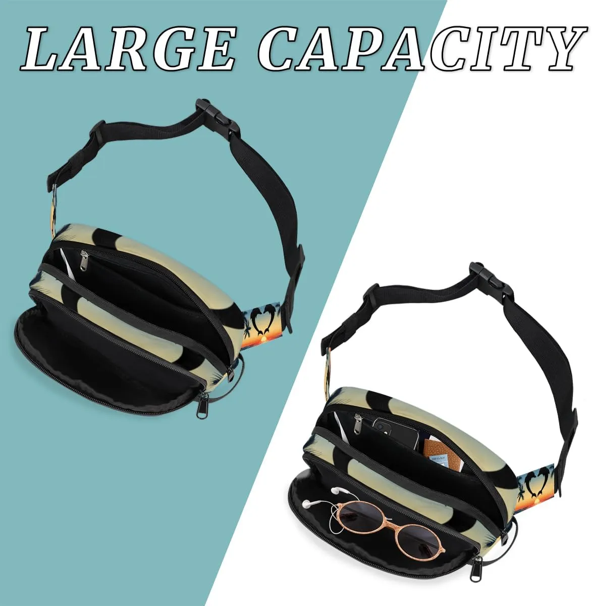 Cute Dolphin Love Fanny Pack for Men Women, Waterproof Travel Square Waist Bag Pack, Crossbody Chest Belt Bum Sling Shoulder Bag Purse for Travel Hiking Cycling Running