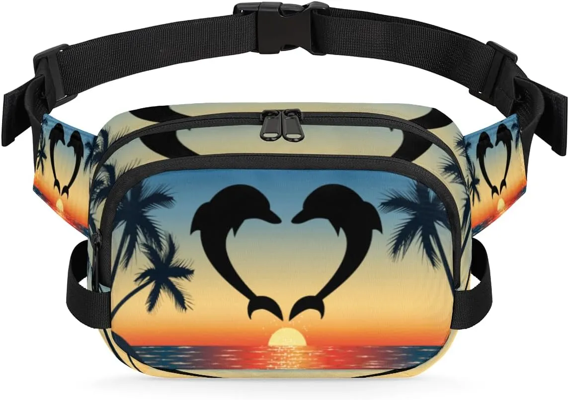 Cute Dolphin Love Fanny Pack for Men Women, Waterproof Travel Square Waist Bag Pack, Crossbody Chest Belt Bum Sling Shoulder Bag Purse for Travel Hiking Cycling Running