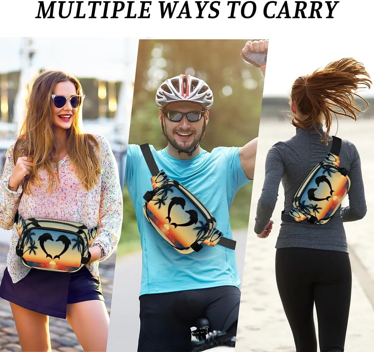 Cute Dolphin Love Fanny Pack for Men Women, Waterproof Travel Square Waist Bag Pack, Crossbody Chest Belt Bum Sling Shoulder Bag Purse for Travel Hiking Cycling Running