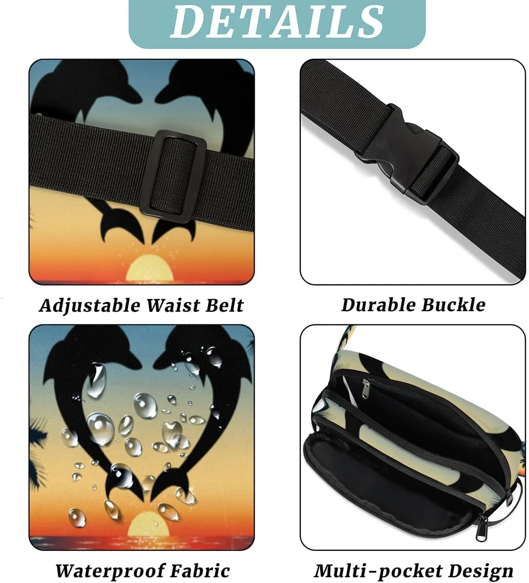 Cute Dolphin Love Fanny Pack for Men Women, Waterproof Travel Square Waist Bag Pack, Crossbody Chest Belt Bum Sling Shoulder Bag Purse for Travel Hiking Cycling Running