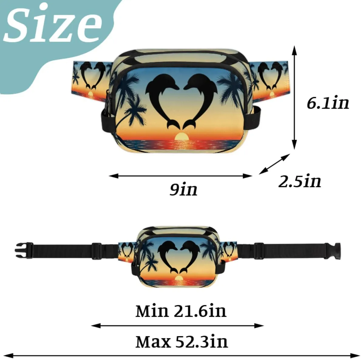 Cute Dolphin Love Fanny Pack for Men Women, Waterproof Travel Square Waist Bag Pack, Crossbody Chest Belt Bum Sling Shoulder Bag Purse for Travel Hiking Cycling Running