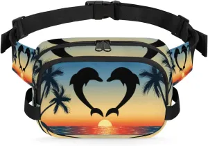 Cute Dolphin Love Fanny Pack for Men Women, Waterproof Travel Square Waist Bag Pack, Crossbody Chest Belt Bum Sling Shoulder Bag Purse for Travel Hiking Cycling Running