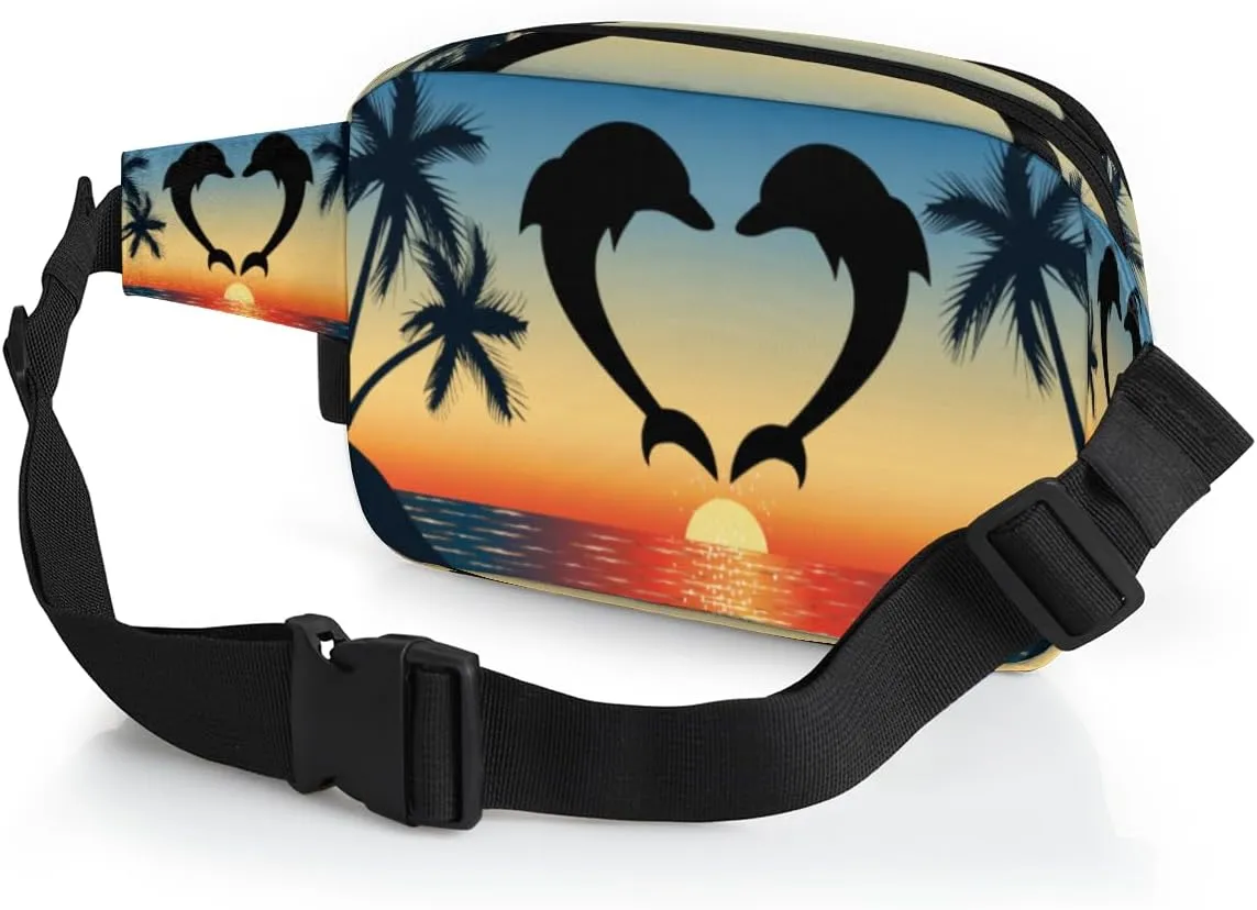 Cute Dolphin Love Fanny Pack for Men Women, Waterproof Travel Square Waist Bag Pack, Crossbody Chest Belt Bum Sling Shoulder Bag Purse for Travel Hiking Cycling Running