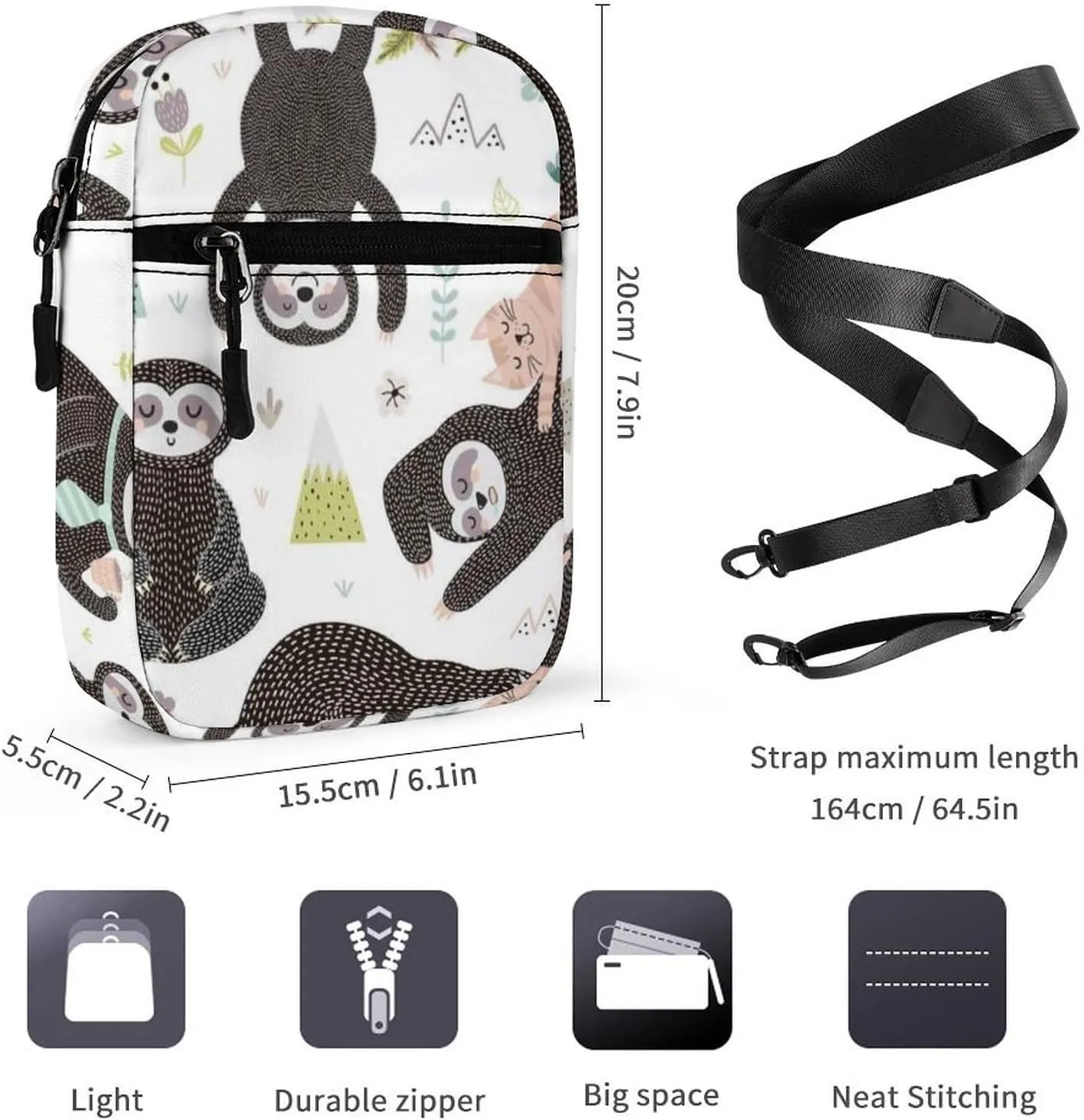 Cute Funny Sleeping Sloths Collection with Tree Branches on White Adjustable Fanny Waist Pack Pouch, Waterproof Crossbody Runners Bag Wallet for Gym Hiking Fitness Women Men 6.1 x 2.2 x 7.9 inch
