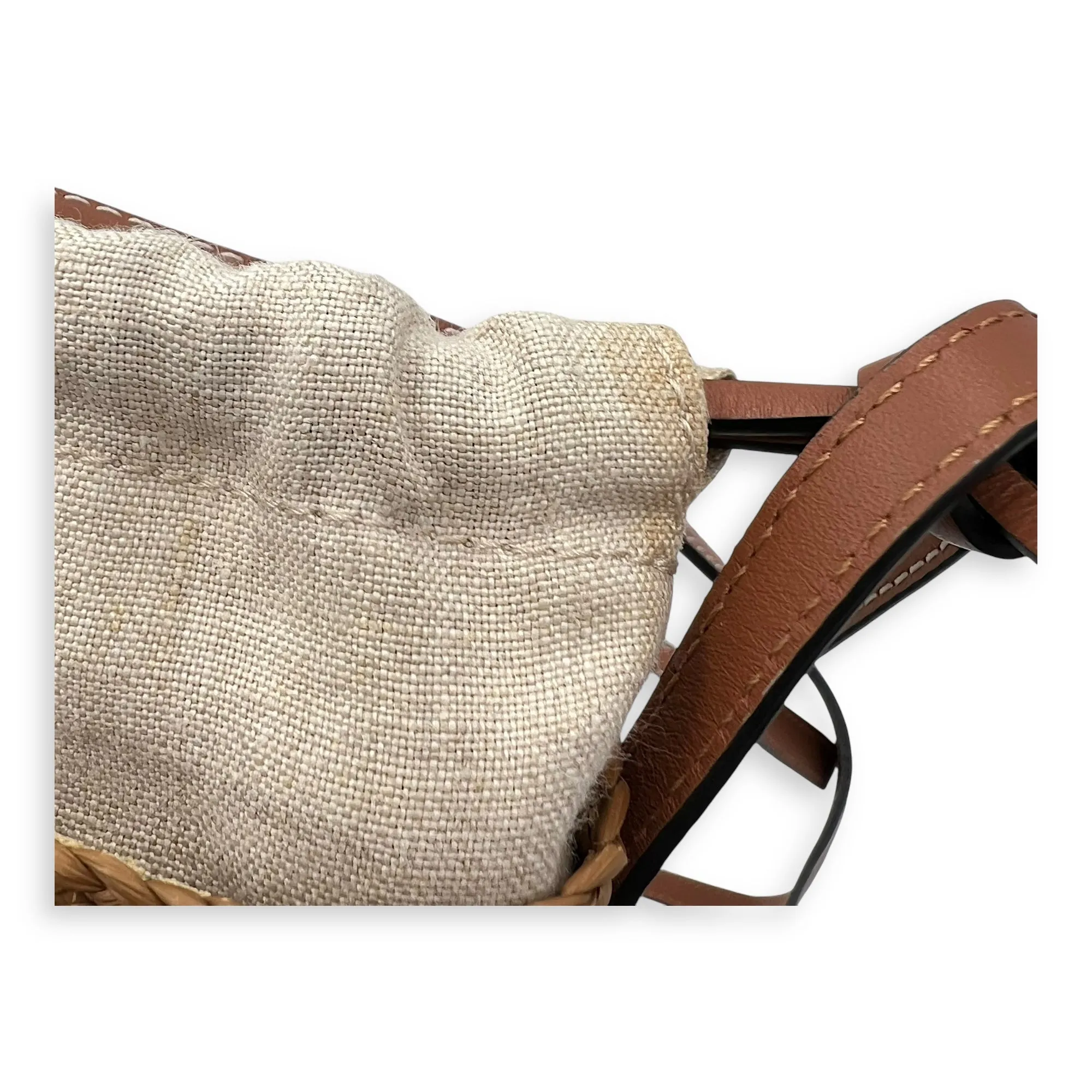 Cylinder Pocket Brown Bucket Bag in Raffia, Gold hardware