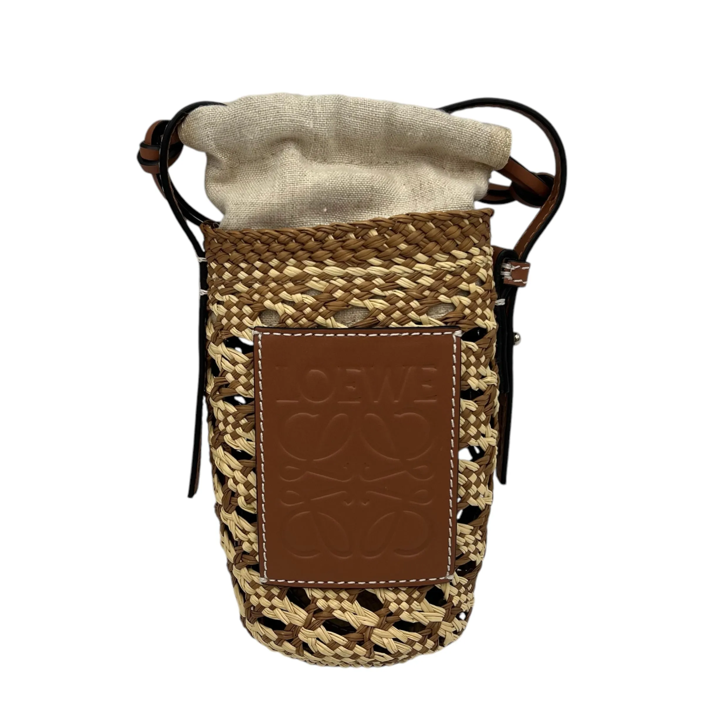 Cylinder Pocket Brown Bucket Bag in Raffia, Gold hardware