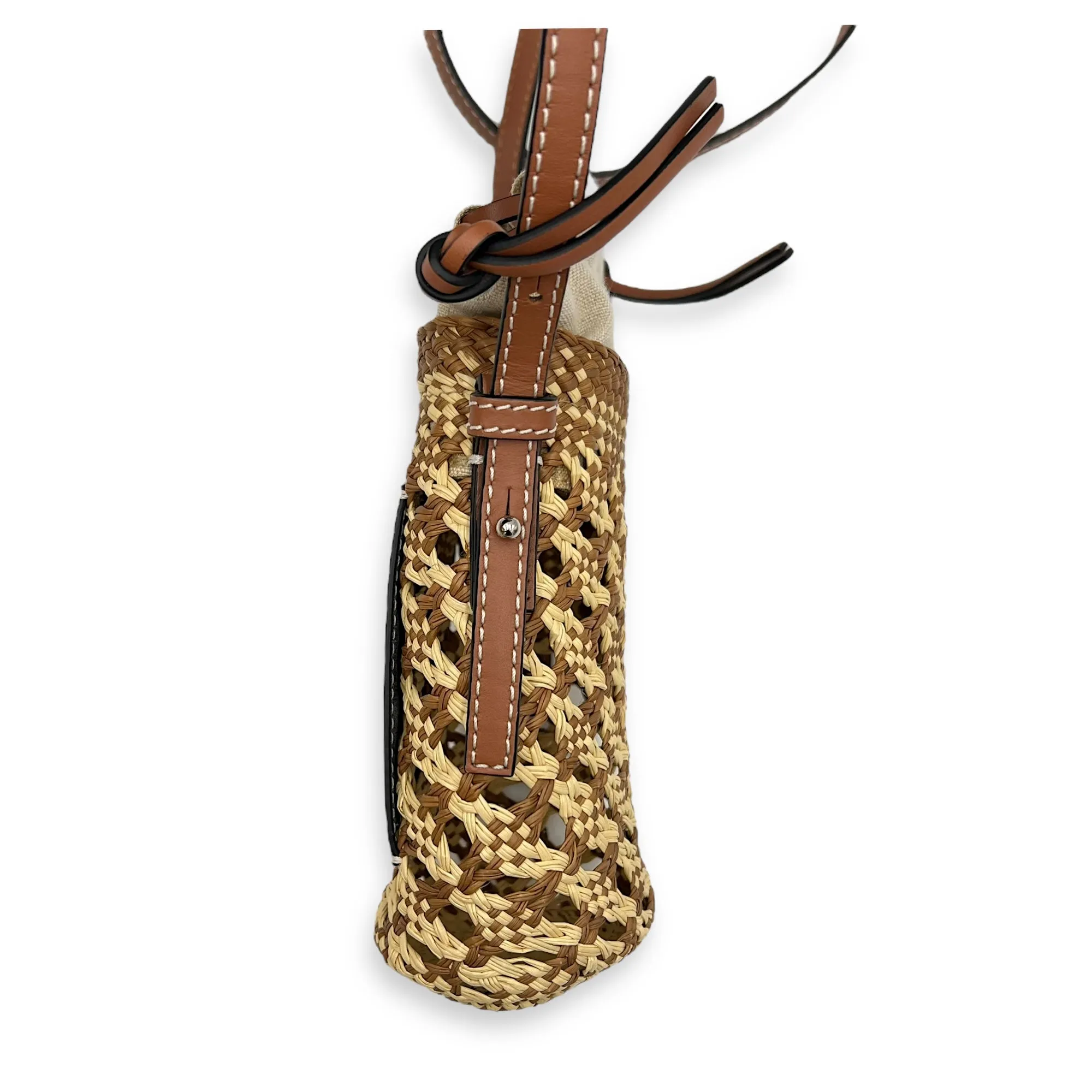 Cylinder Pocket Brown Bucket Bag in Raffia, Gold hardware