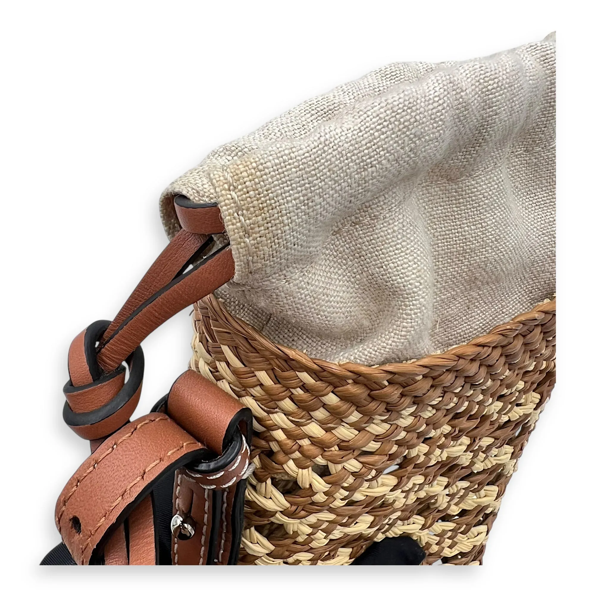 Cylinder Pocket Brown Bucket Bag in Raffia, Gold hardware