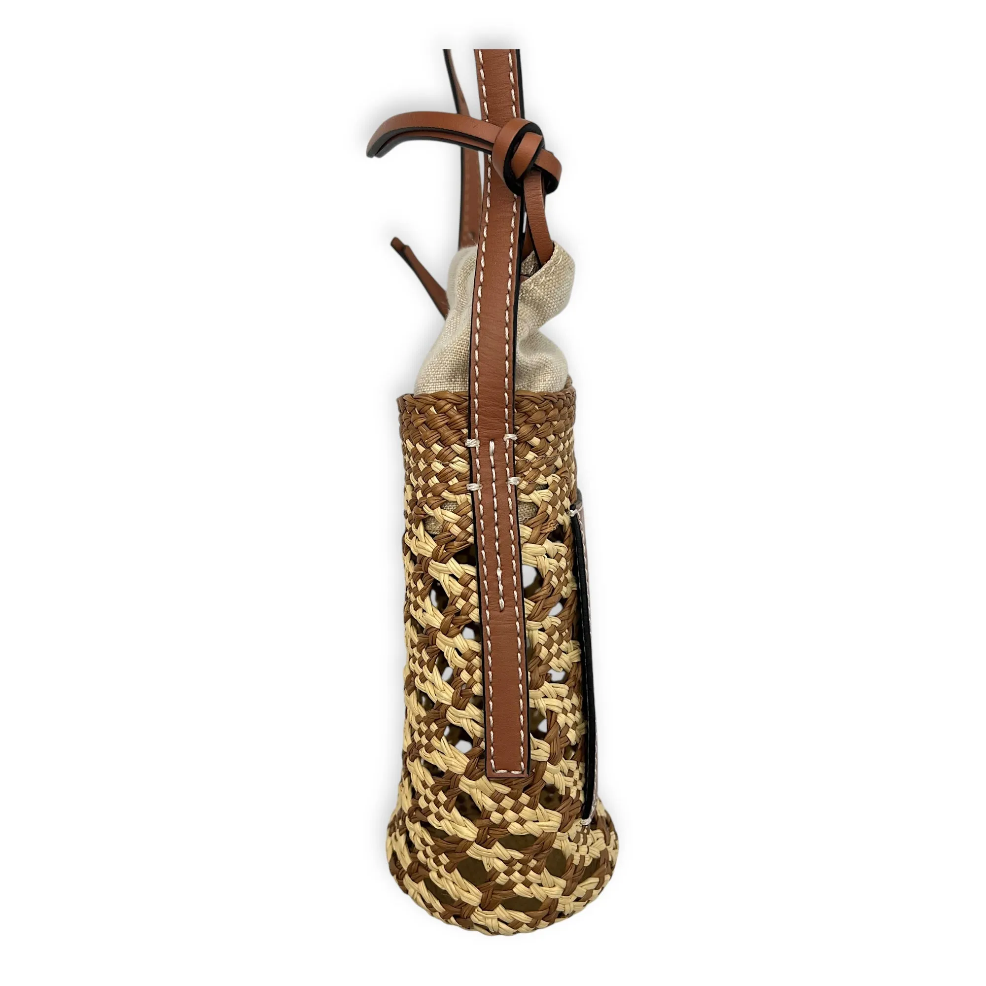 Cylinder Pocket Brown Bucket Bag in Raffia, Gold hardware