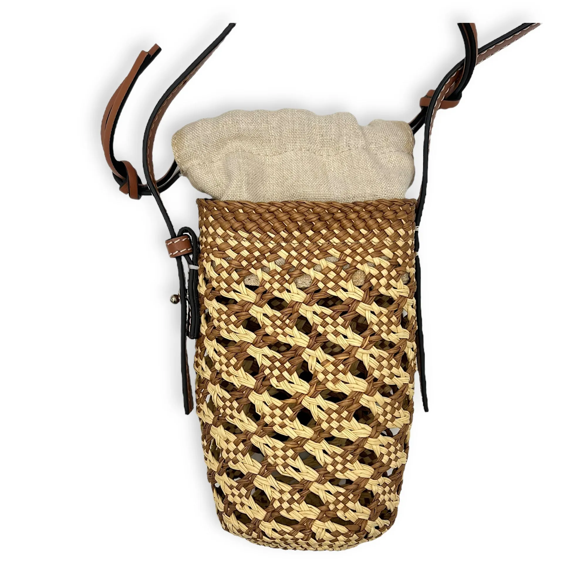 Cylinder Pocket Brown Bucket Bag in Raffia, Gold hardware
