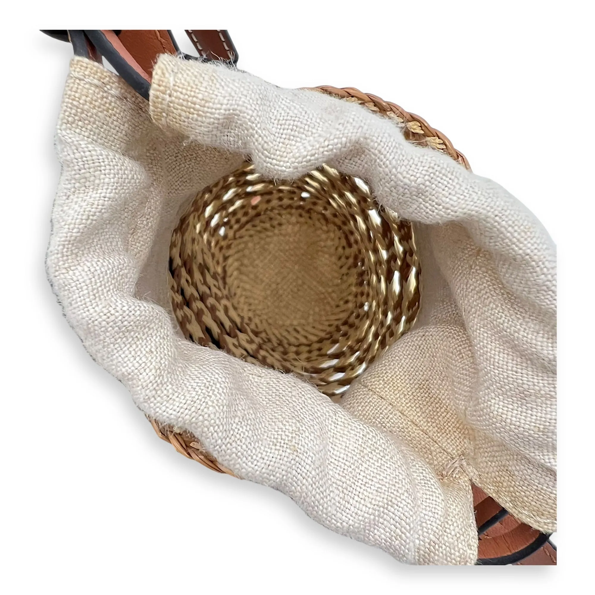 Cylinder Pocket Brown Bucket Bag in Raffia, Gold hardware