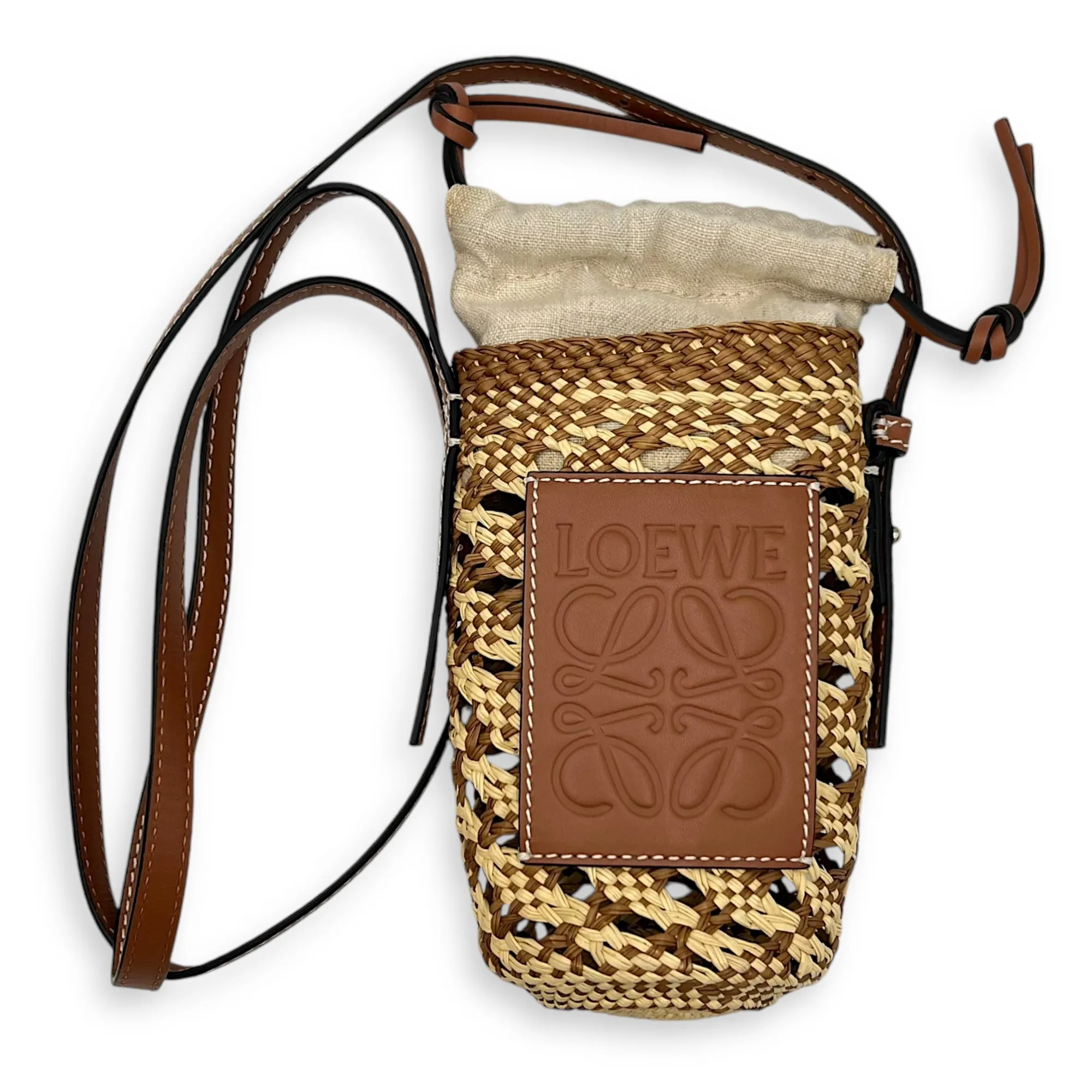 Cylinder Pocket Brown Bucket Bag in Raffia, Gold hardware