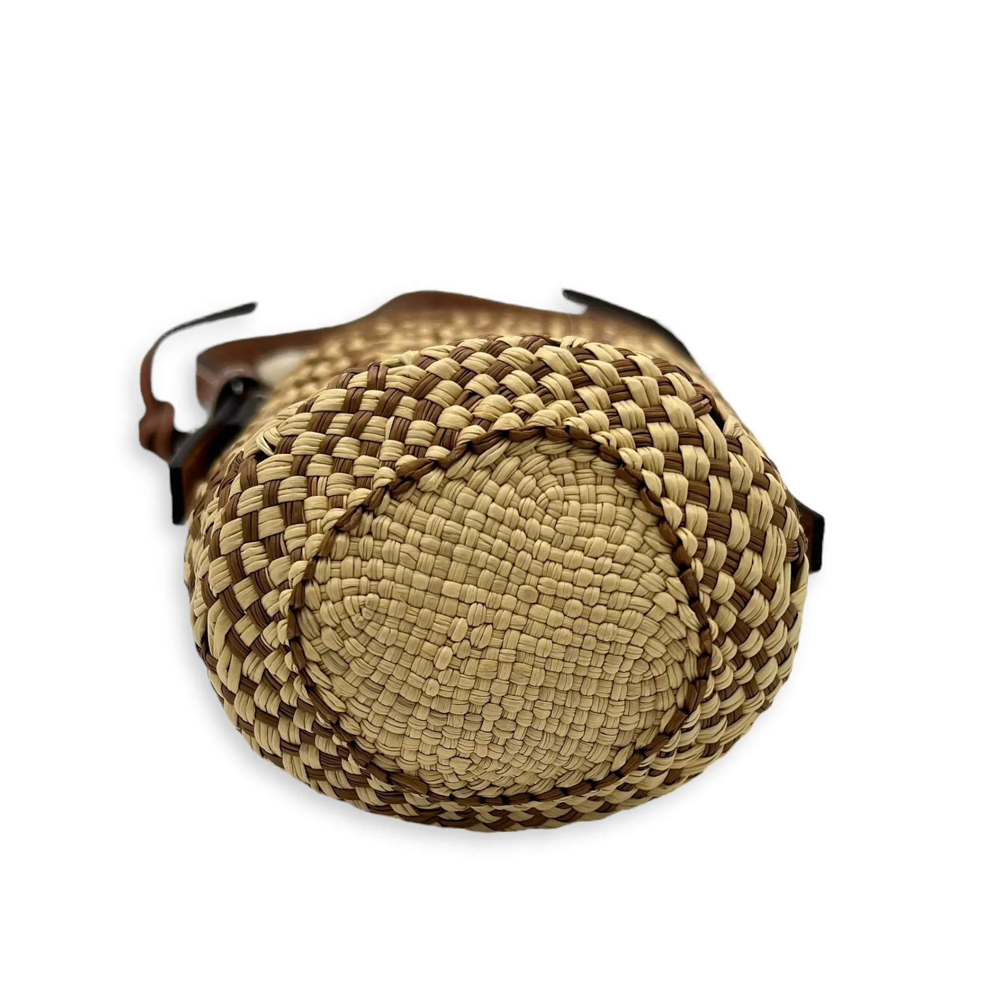 Cylinder Pocket Brown Bucket Bag in Raffia, Gold hardware