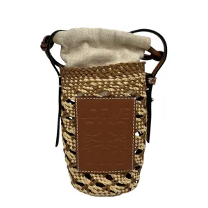 Cylinder Pocket Brown Bucket Bag in Raffia, Gold hardware