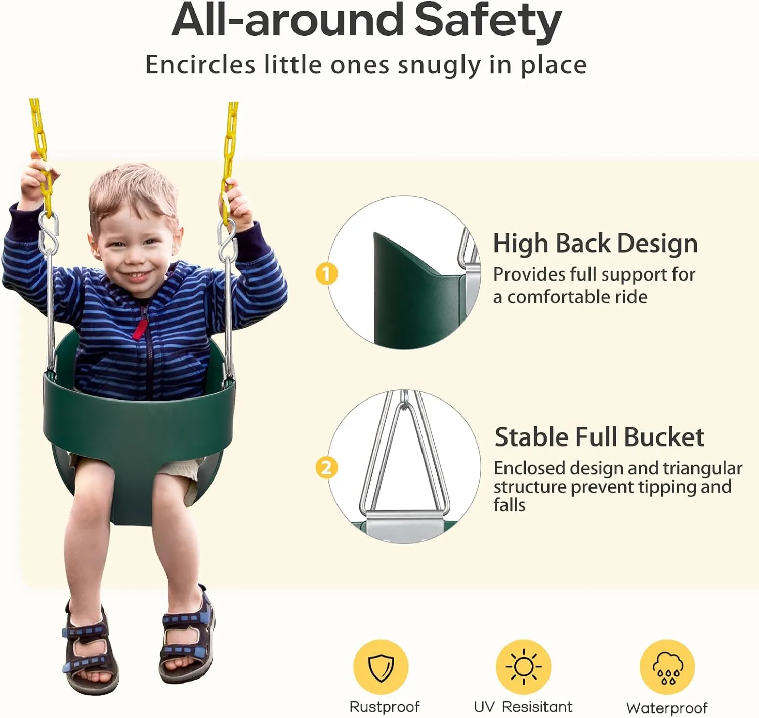 DECORLIFE Toddler Swing - High Back Full Bucket Seat for Ages 1-3, 330lb Capacity, Baby Infant Swing Outdoor with Safety Design, Plastic-Coated Chains, Carabiners for Backyard, Playground, Garden
