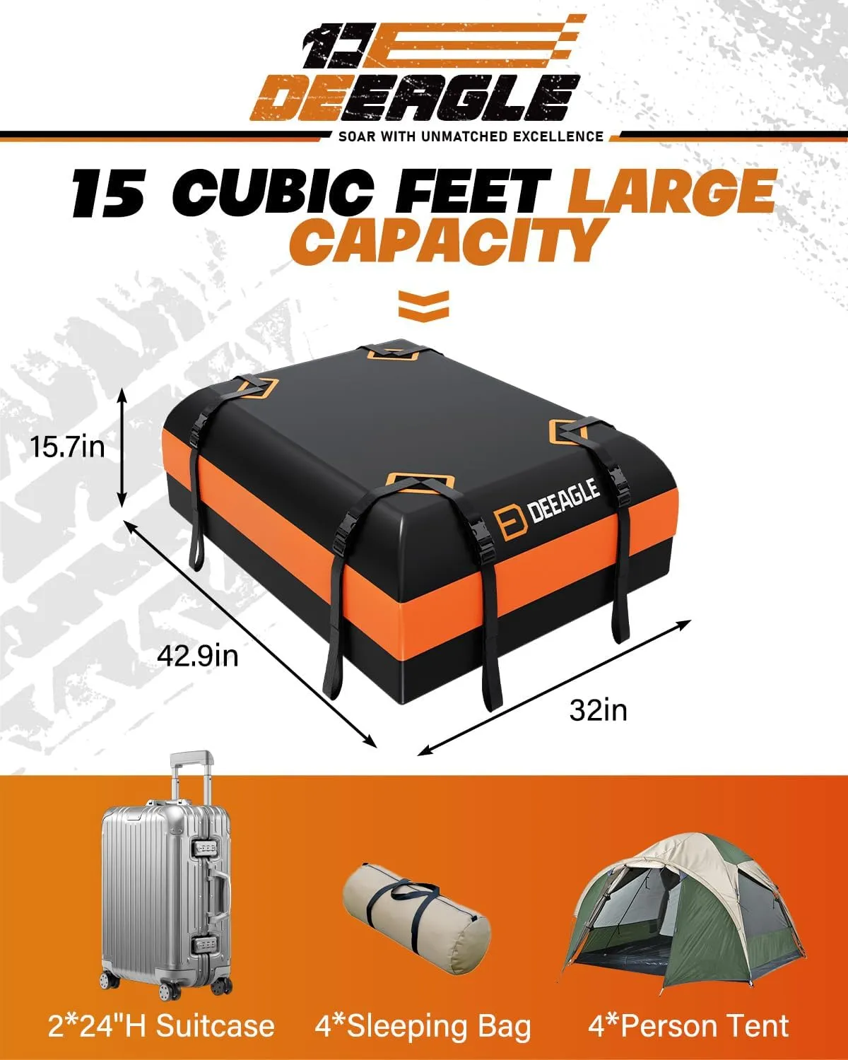 DEEAGLE 15 Cubic Feet Rooftop Cargo Carrier, Waterproof Car Roof Cargo Carrier Car Storage Bag for All Vehicle with Without Rack, Includes Non Slip Mat, 4 Door Hooks, 8 Reinforced Straps