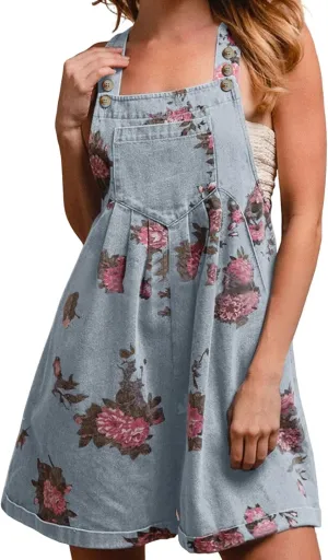 Denim Short Romper for Women Summer Y2k Straps Ruffle Floral Jean Overall Dress Cute Sleeveless Flared Jean Romper