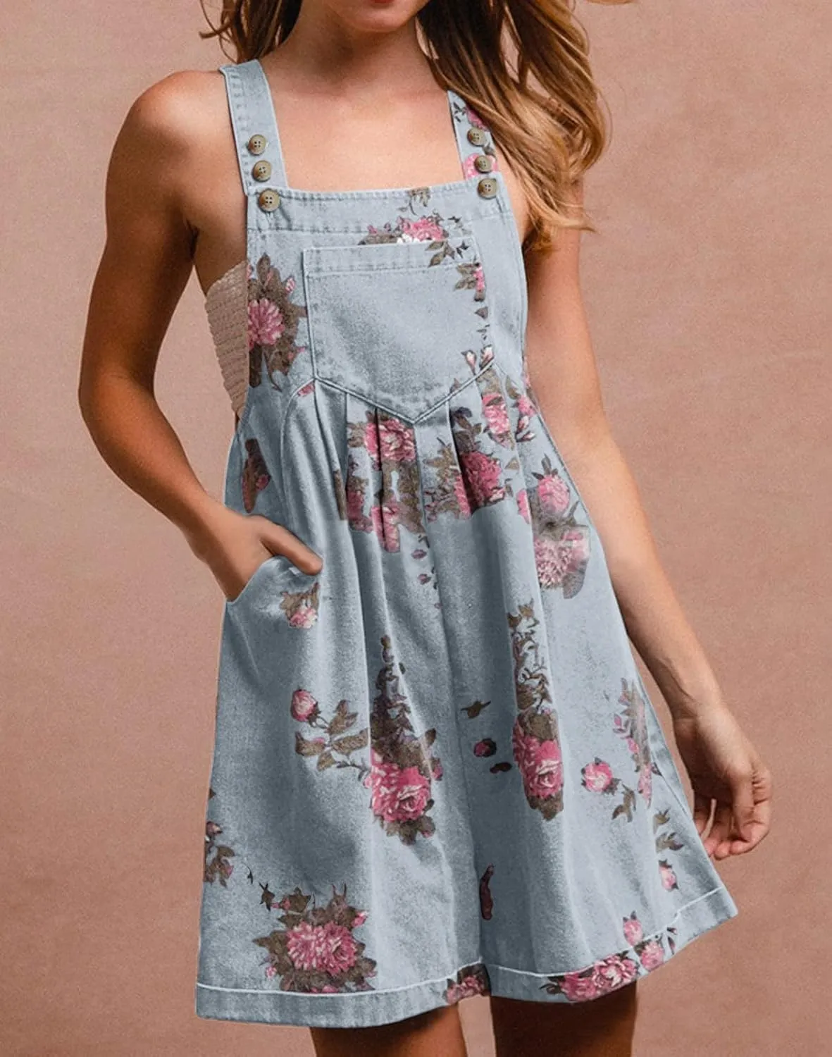 Denim Short Romper for Women Summer Y2k Straps Ruffle Floral Jean Overall Dress Cute Sleeveless Flared Jean Romper