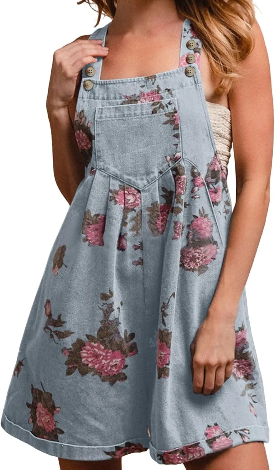 Denim Short Romper for Women Summer Y2k Straps Ruffle Floral Jean Overall Dress Cute Sleeveless Flared Jean Romper