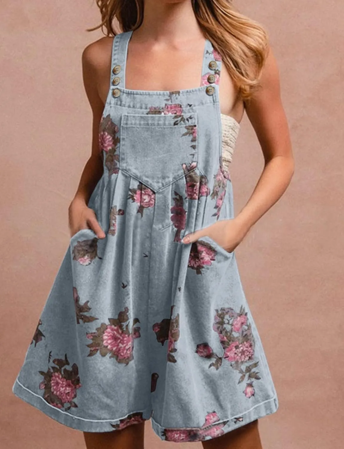 Denim Short Romper for Women Summer Y2k Straps Ruffle Floral Jean Overall Dress Cute Sleeveless Flared Jean Romper