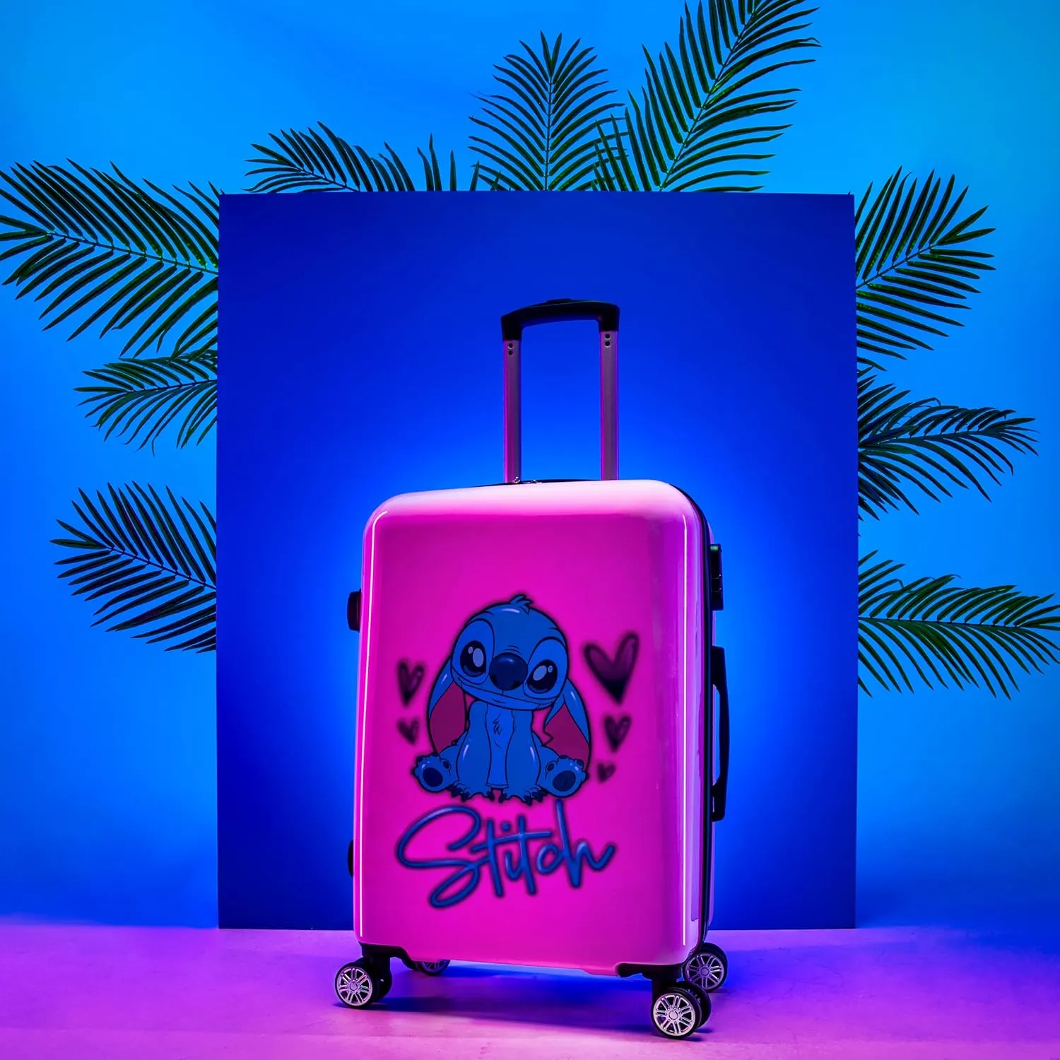 Disney Stitch Suitcase Set or Individual, Hard Shell Suitcase with Wheels 28L, 50L or 91L, 4 Wheels (Pink Stitch Medium)