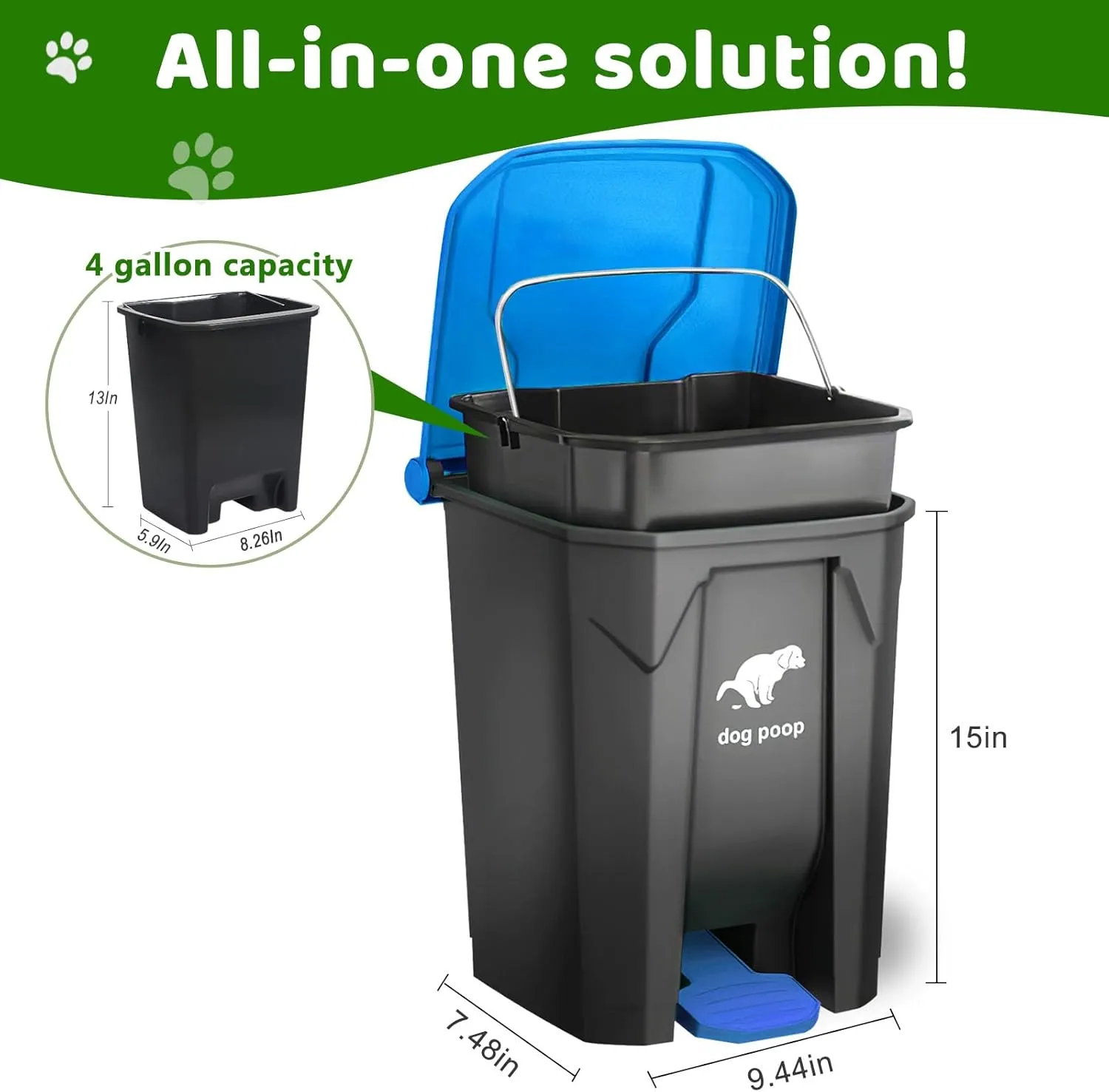 Dog Poop Trash Can Outside, 20L/5Gallon Dog Waste Trash Can with Lid, Pedal and Removable Inner Waste Bin, Dog Poop Bucket with 100 Bags, Blue