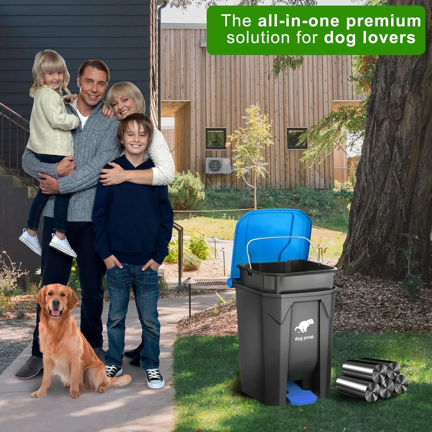 Dog Poop Trash Can Outside, 20L/5Gallon Dog Waste Trash Can with Lid, Pedal and Removable Inner Waste Bin, Dog Poop Bucket with 100 Bags, Blue