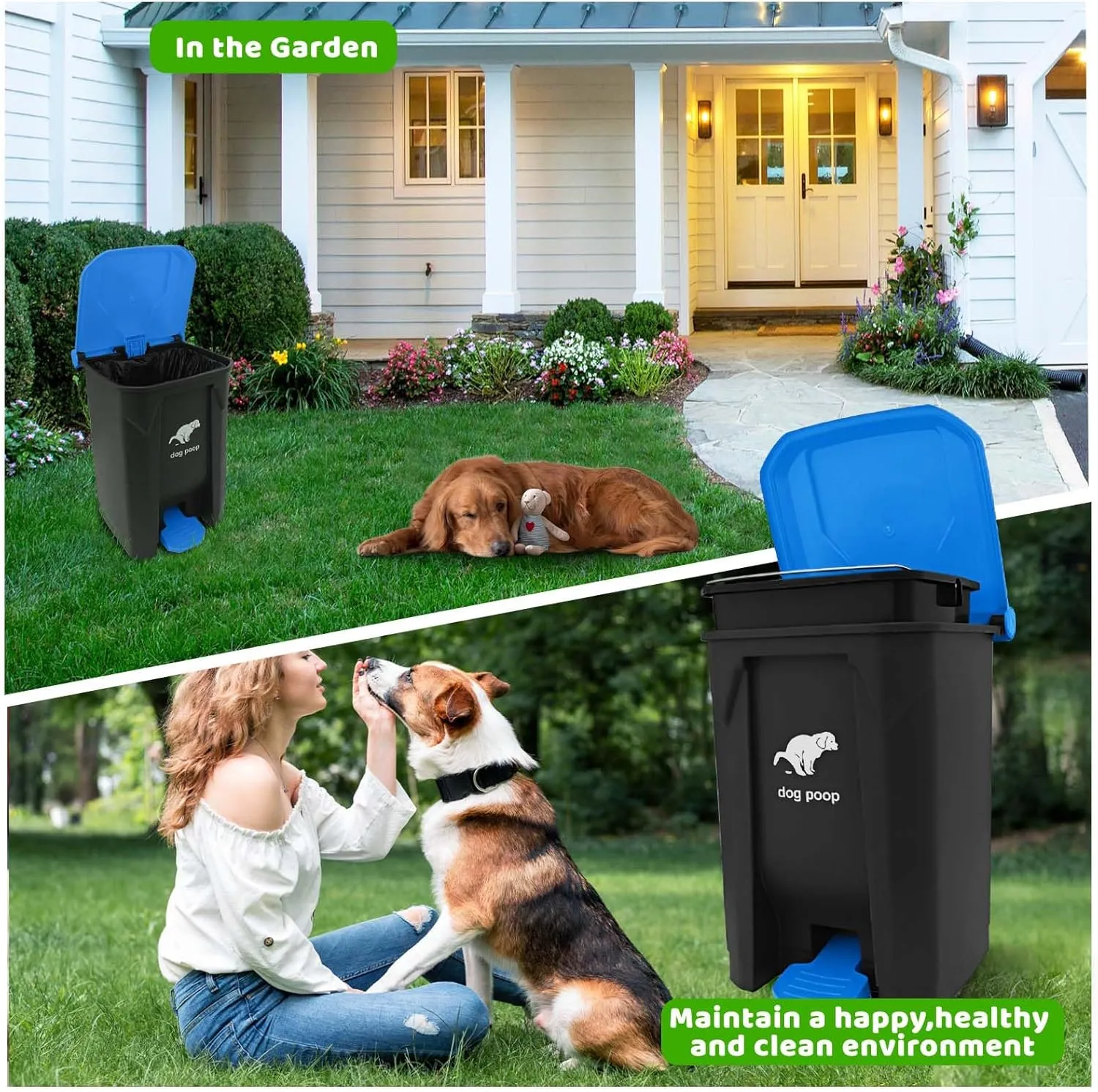 Dog Poop Trash Can Outside, 20L/5Gallon Dog Waste Trash Can with Lid, Pedal and Removable Inner Waste Bin, Dog Poop Bucket with 100 Bags, Blue
