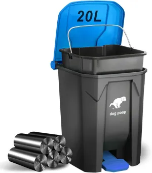 Dog Poop Trash Can Outside, 20L/5Gallon Dog Waste Trash Can with Lid, Pedal and Removable Inner Waste Bin, Dog Poop Bucket with 100 Bags, Blue