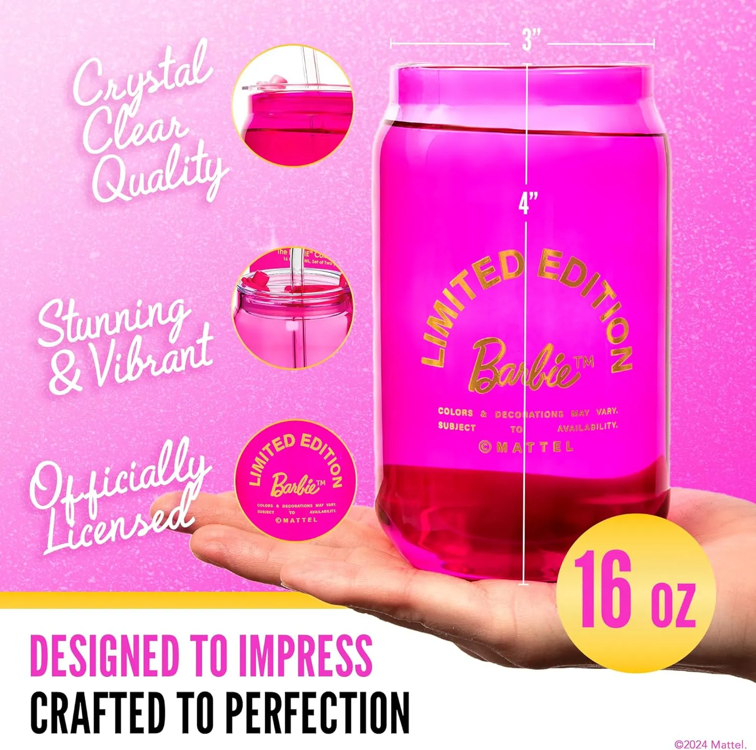 Dragon Glassware x Barbie Drinking Glasses - Pink and Magenta - 16 oz Can Shaped Glass Cups with Lids and Straws Set of 2 - Iced Coffee Cups with Lids - Glass Tumbler with Straw and Lid