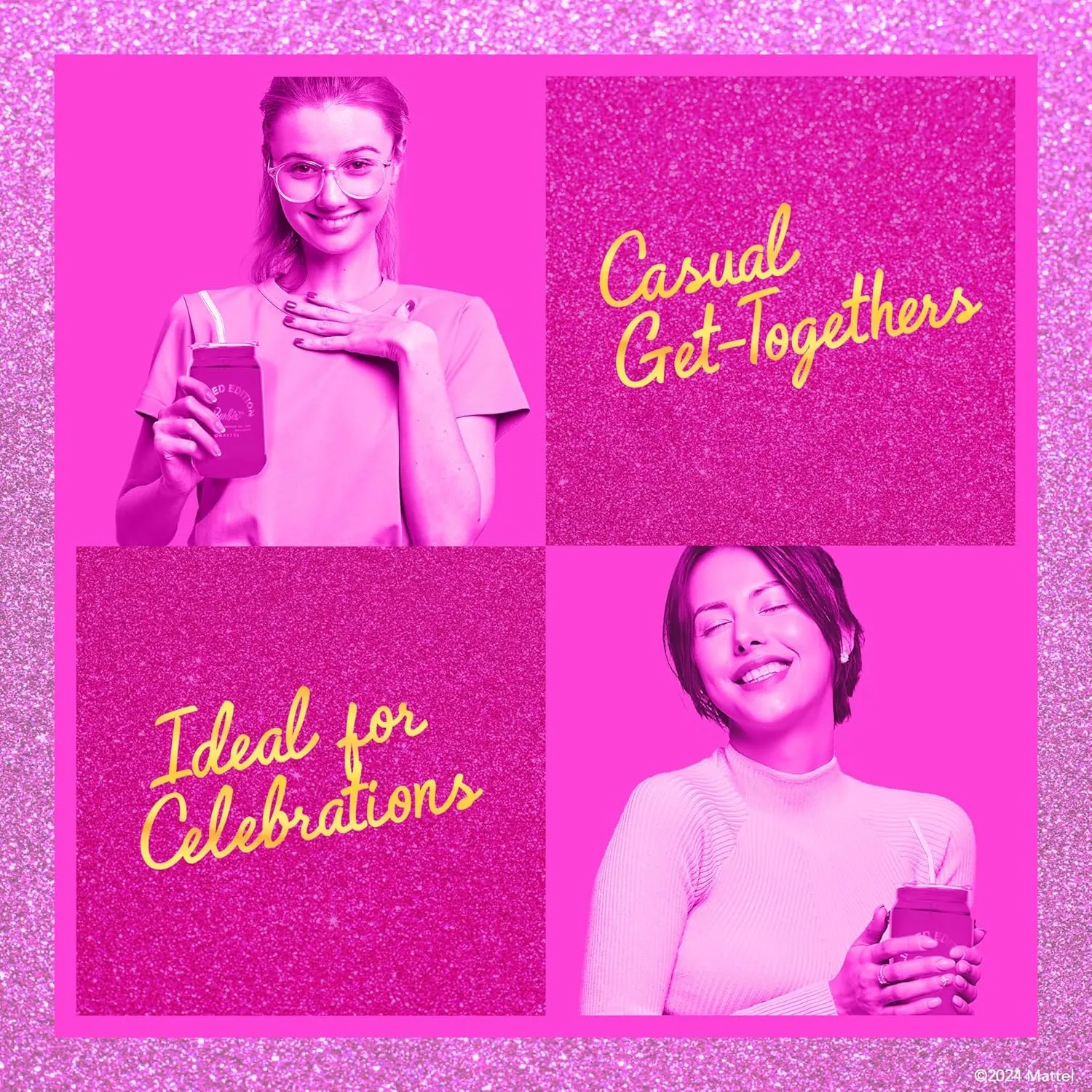 Dragon Glassware x Barbie Drinking Glasses - Pink and Magenta - 16 oz Can Shaped Glass Cups with Lids and Straws Set of 2 - Iced Coffee Cups with Lids - Glass Tumbler with Straw and Lid
