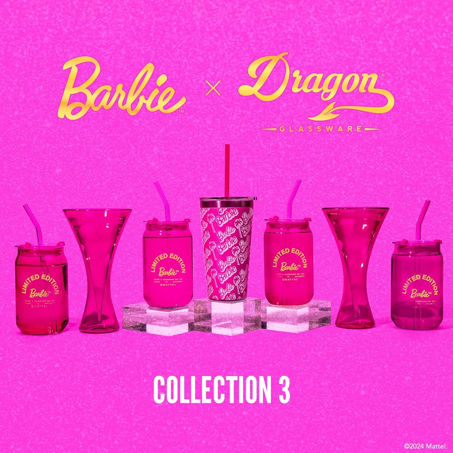 Dragon Glassware x Barbie Drinking Glasses - Pink and Magenta - 16 oz Can Shaped Glass Cups with Lids and Straws Set of 2 - Iced Coffee Cups with Lids - Glass Tumbler with Straw and Lid
