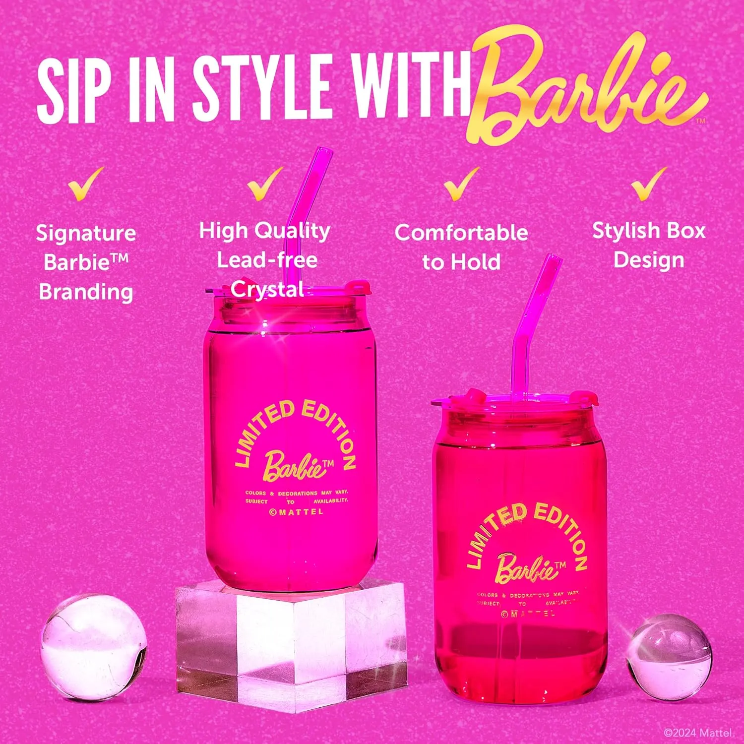 Dragon Glassware x Barbie Drinking Glasses - Pink and Magenta - 16 oz Can Shaped Glass Cups with Lids and Straws Set of 2 - Iced Coffee Cups with Lids - Glass Tumbler with Straw and Lid