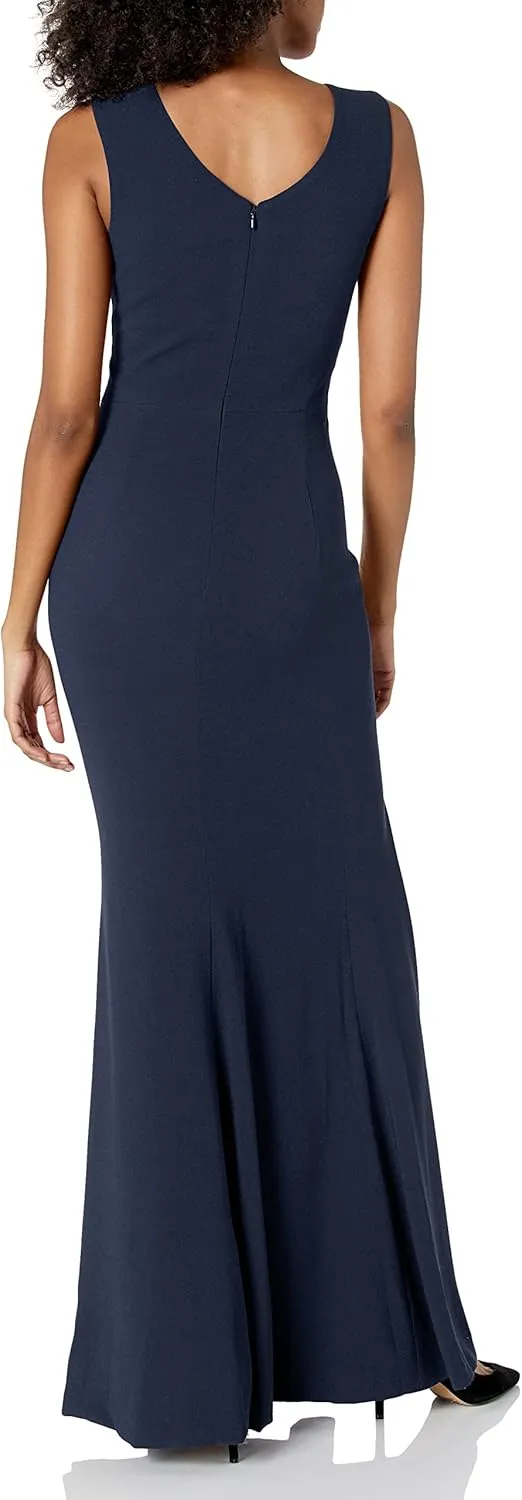 Dress the Population Women's Sandra Plunging Thick Strap Solid Gown with Slit Dress
