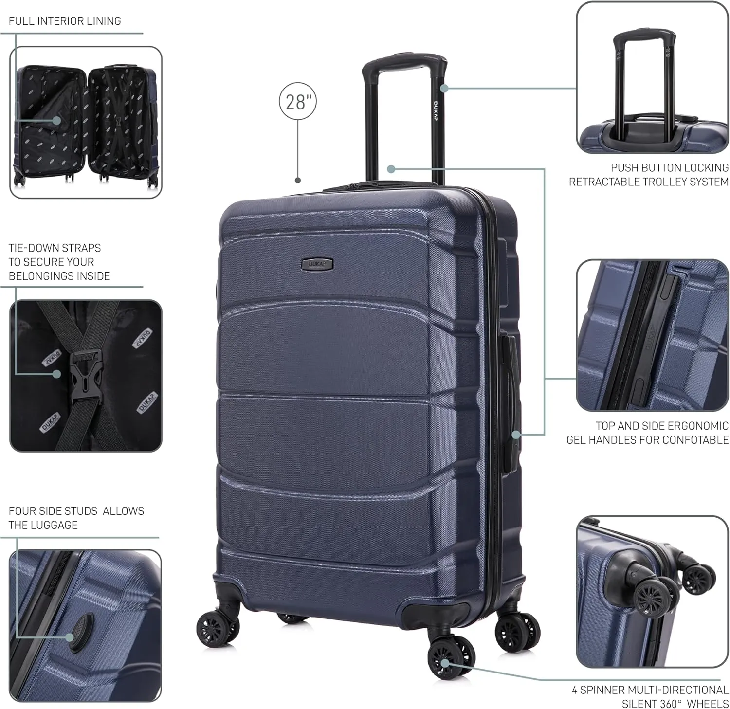 DUKAP SENSE Hardside Luggage with Spinner Wheels | 28 in Durable Lightweight Large Checked Suitcase for Travel | Zipper Clouser Suit Case with Gel Handles and Trolley | Blue