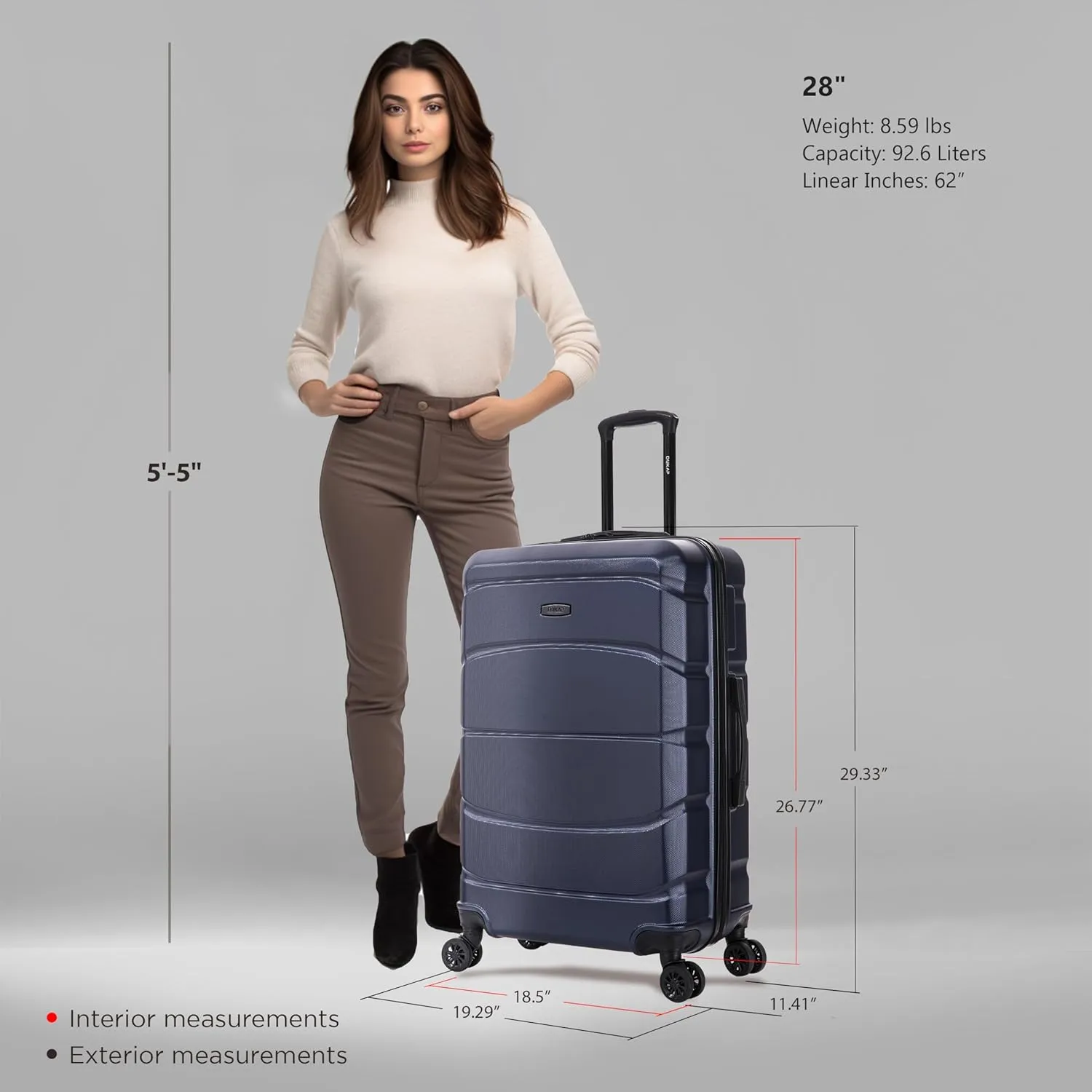 DUKAP SENSE Hardside Luggage with Spinner Wheels | 28 in Durable Lightweight Large Checked Suitcase for Travel | Zipper Clouser Suit Case with Gel Handles and Trolley | Blue