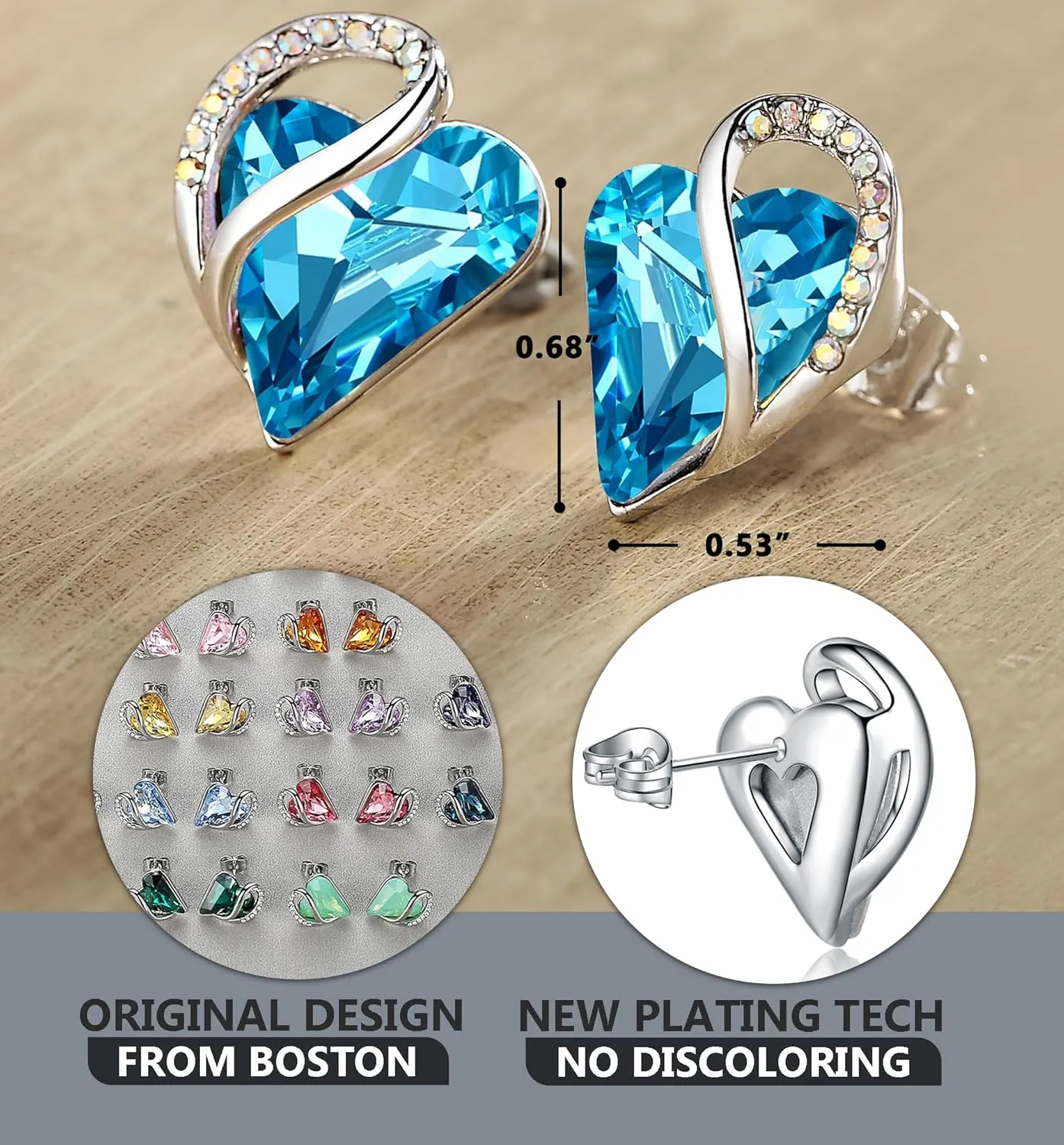 Earrings for Women, Mothers Day Gift for Mom, Heart Birthstone Crystal Stud Earring, Silver Plated Birthday Jewelry
