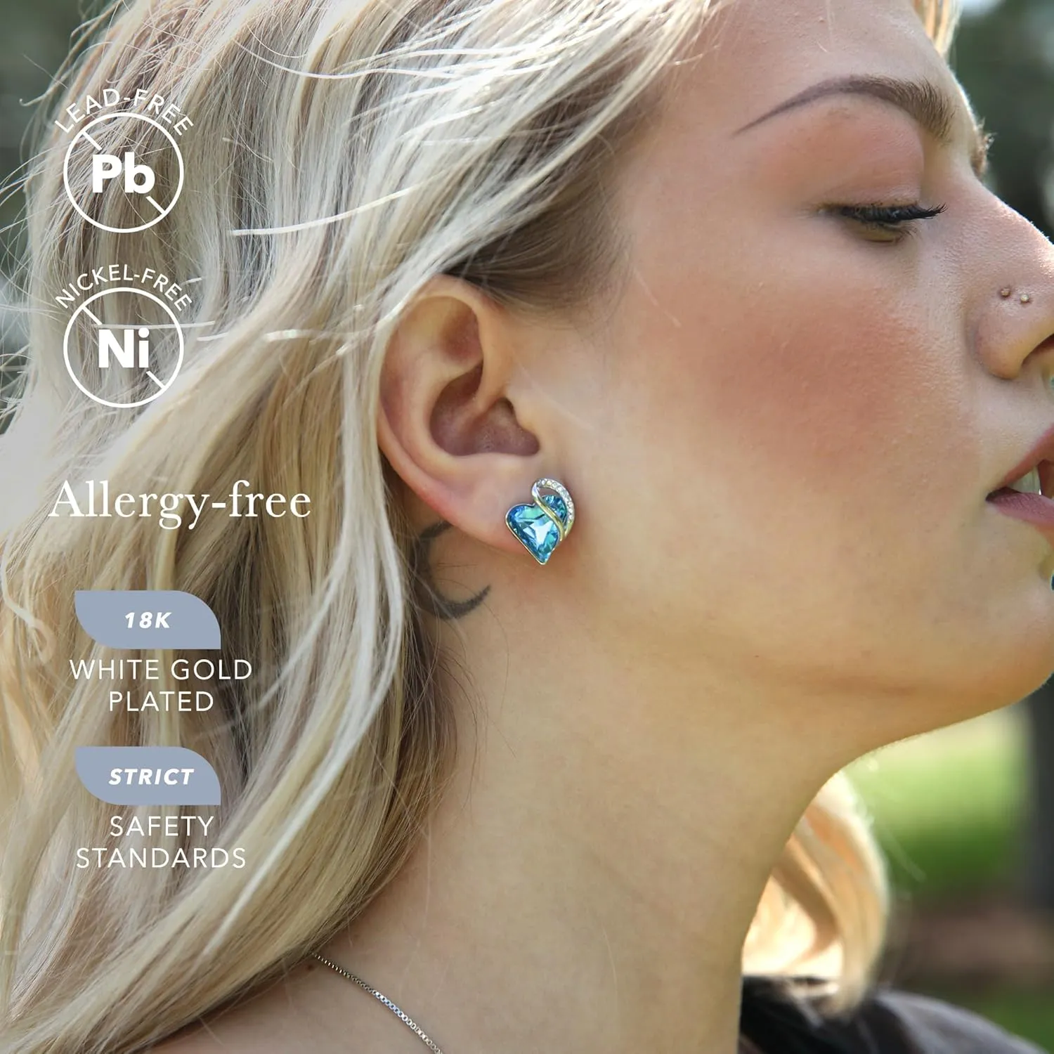 Earrings for Women, Mothers Day Gift for Mom, Heart Birthstone Crystal Stud Earring, Silver Plated Birthday Jewelry