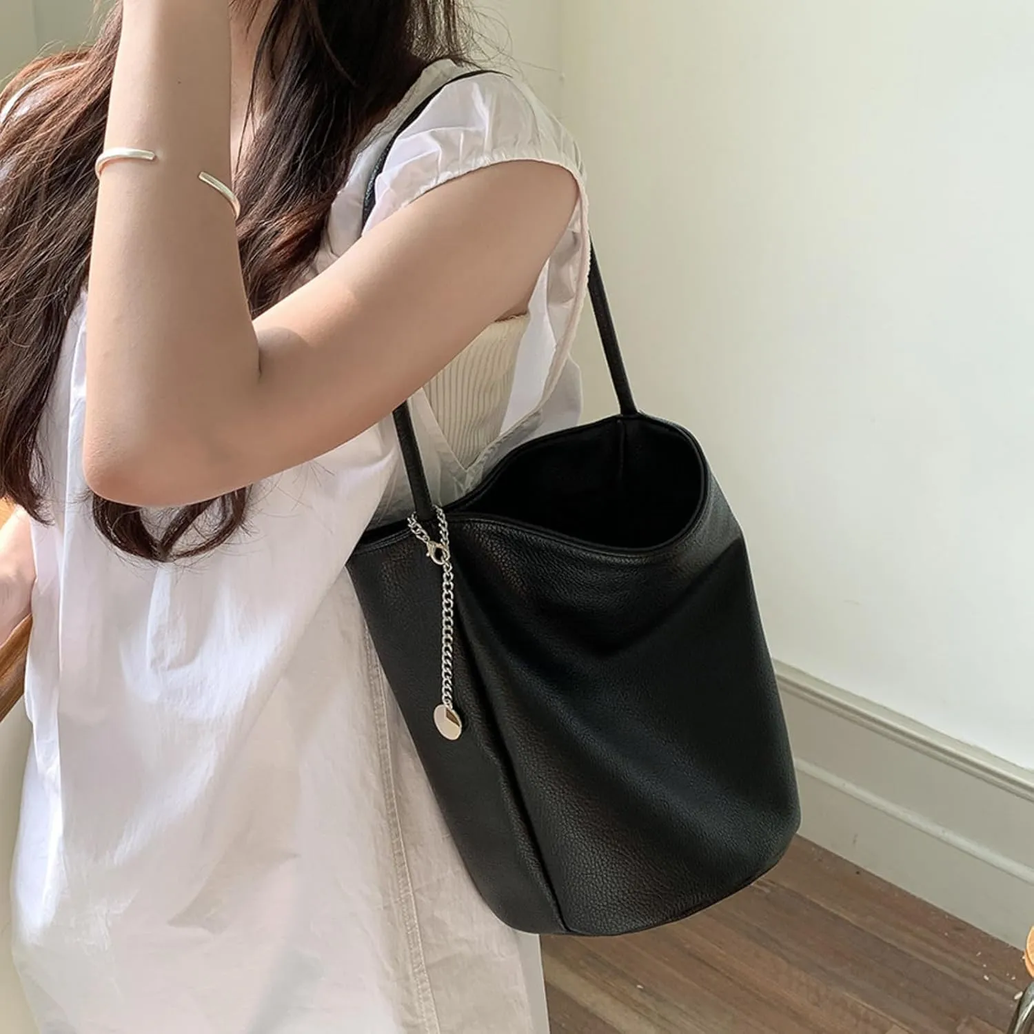 Elegant Solid Color Minimalist Soft Leather Bucket Bag,Women's Single Shoulder & Underarm Purse with Large Capacity