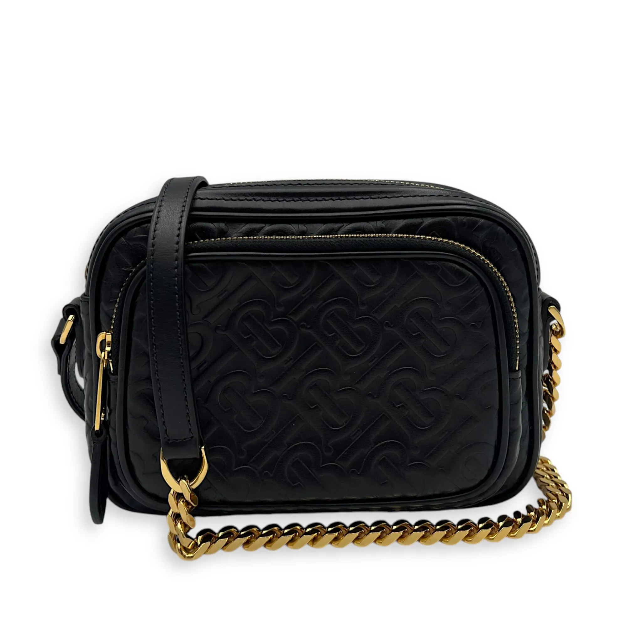 Embossed camera Crossbody Bag Small Black in Calfskin, Gold hardware