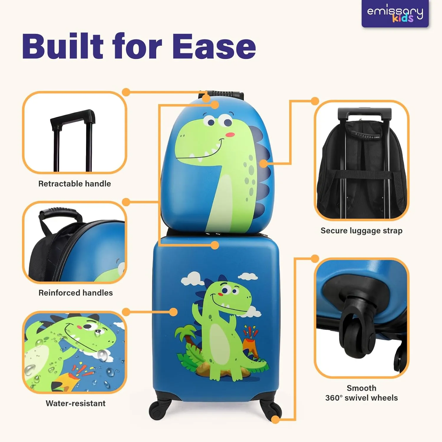 emissary Dinosaur Kid's Luggage Set for Boys, 18" Hardside Kids Suitcase with Spinner Wheels, Toddler Carry on Luggage Travel Rolling Suitcase Airline Approved